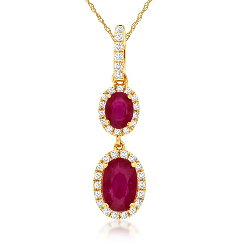 Double Ruby Drop Necklace with Diamonds in 14K Yellow Gold