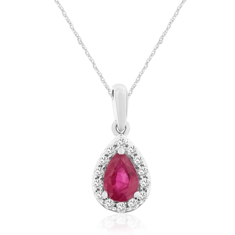 Pear Ruby Pendant with Diamond Halo in 14K White Gold