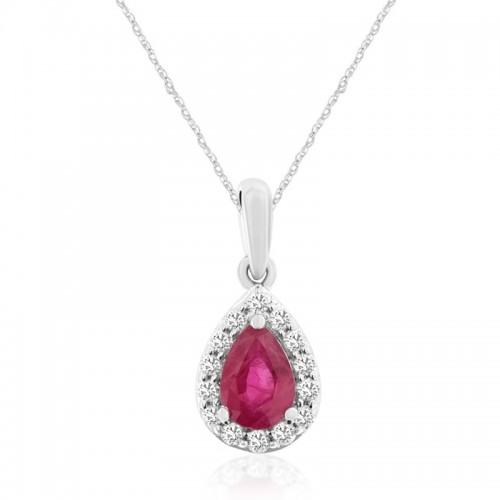 Pear Ruby Pendant with Diamond Halo in 14K White Gold