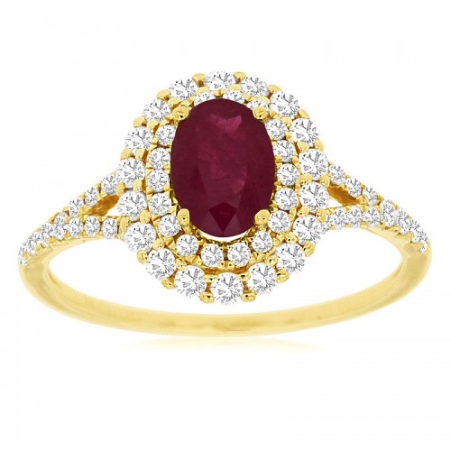 Ruby Ring with Double Diamond Halo in 14K Yellow Gold