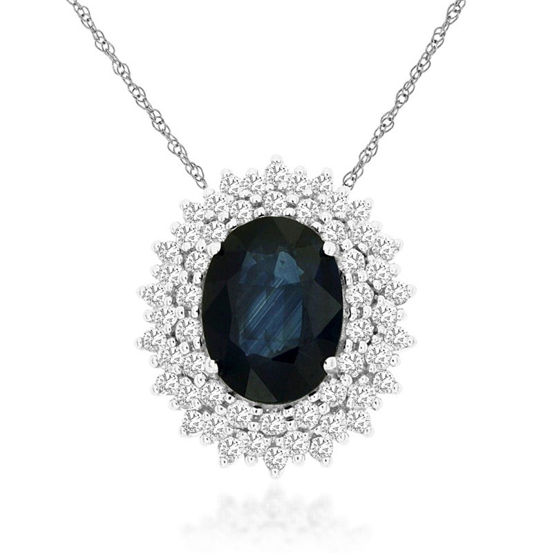 Blue Sapphire Pendant with Double Diamond Halo