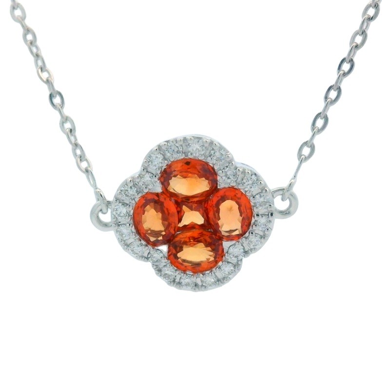 Orange Sapphire Clover Necklace with Diamonds