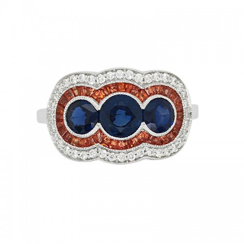 Three Stone Spirit Ring with Double Halo