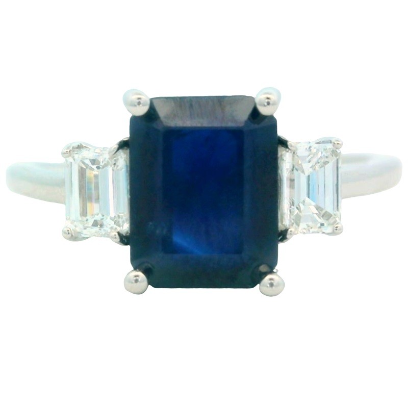 Three Stone Blue Sapphire and Diamond Ring in Platinum