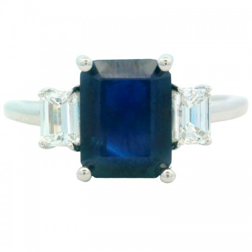 Three Stone Blue Sapphire and Diamond Ring in Platinum