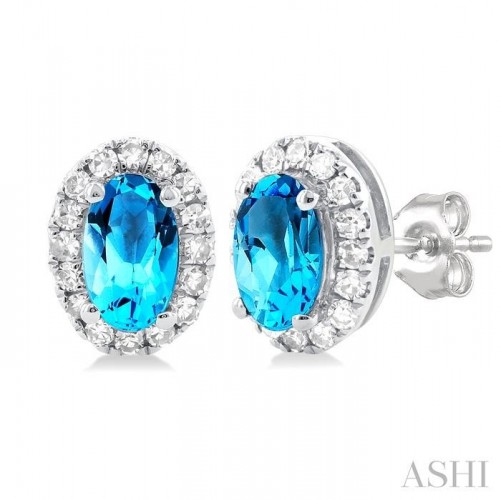 Ashi Oval Blue Topaz and Diamond Halo Earrings