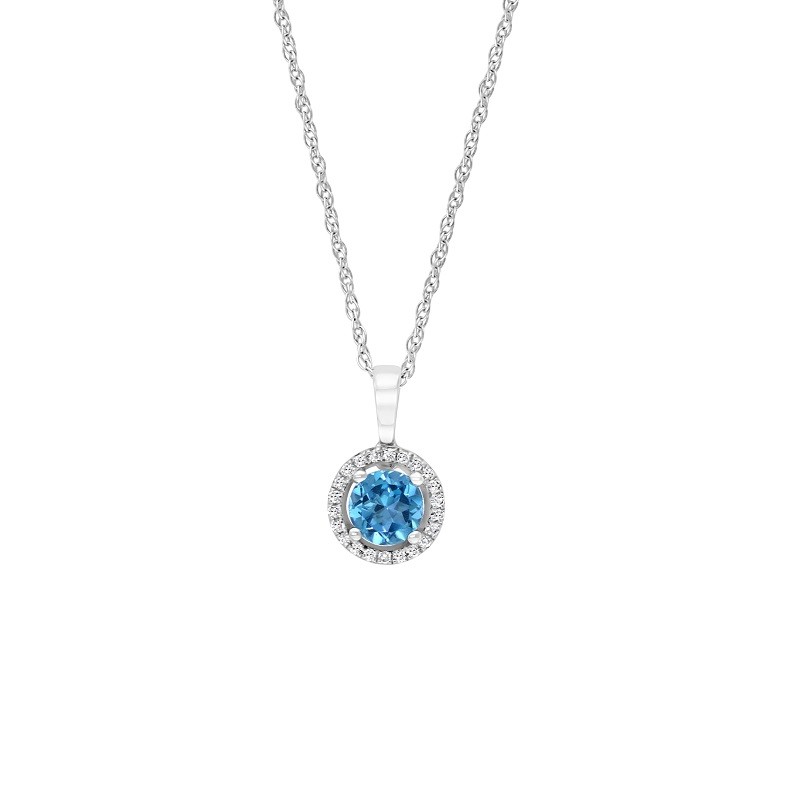 14W Round Blue Topaz Pendant with Halo