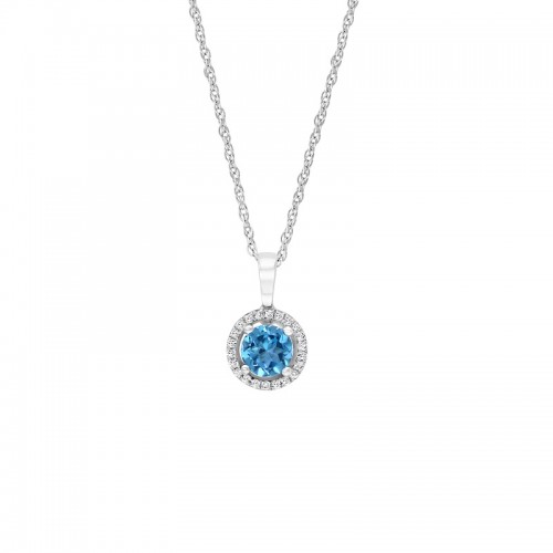 14W Round Blue Topaz Pendant with Halo