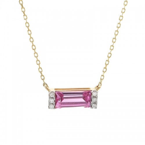 Pink Topaz Bar Necklace with Diamond Accents