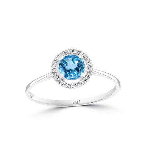 14W Round Blue Topaz Ring with Halo