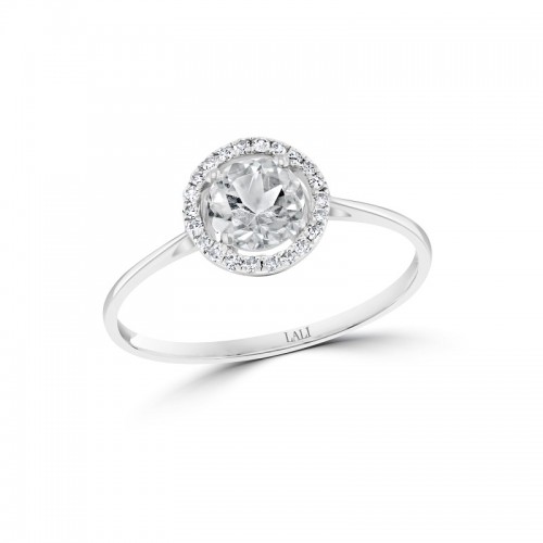 14W Round White Topaz Ring with Halo