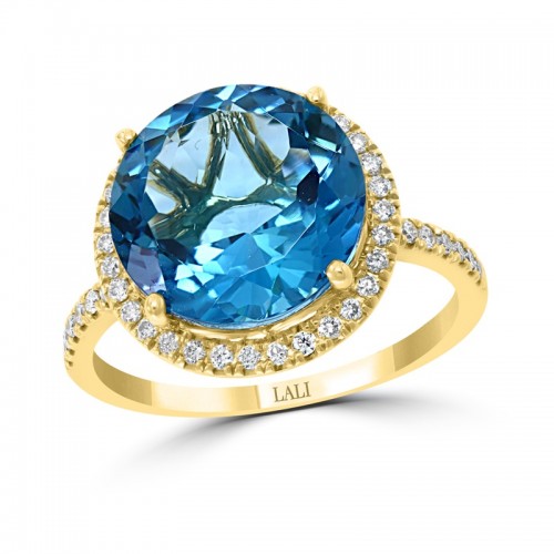 London Blue Topaz Ring with Diamonds in 14K Yellow Gold