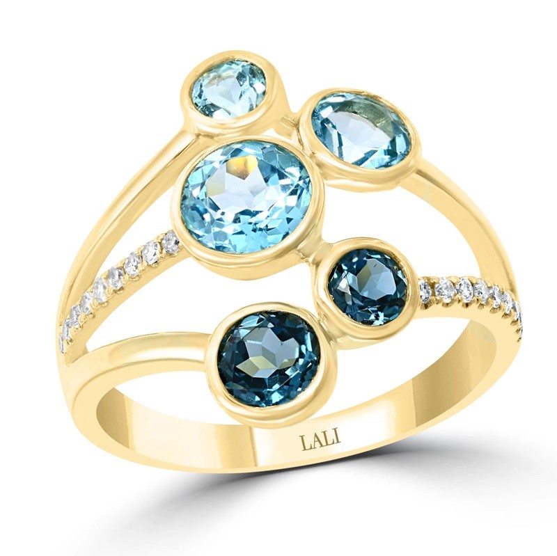 Bezel-set Blue Topaz and Diamond Ring in 14K Yellow Gold