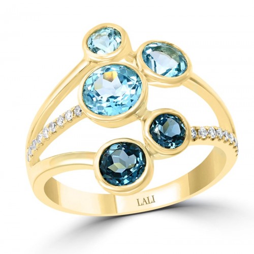 Bezel-set Blue Topaz and Diamond Ring in 14K Yellow Gold