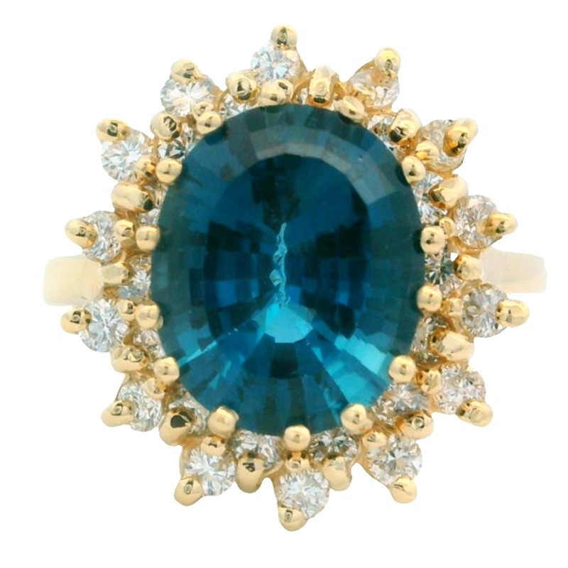 London Blue Topaz Ring with Diamond Halo in 14K Yellow Gold