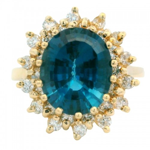 London Blue Topaz Ring with Diamond Halo in 14K Yellow Gold