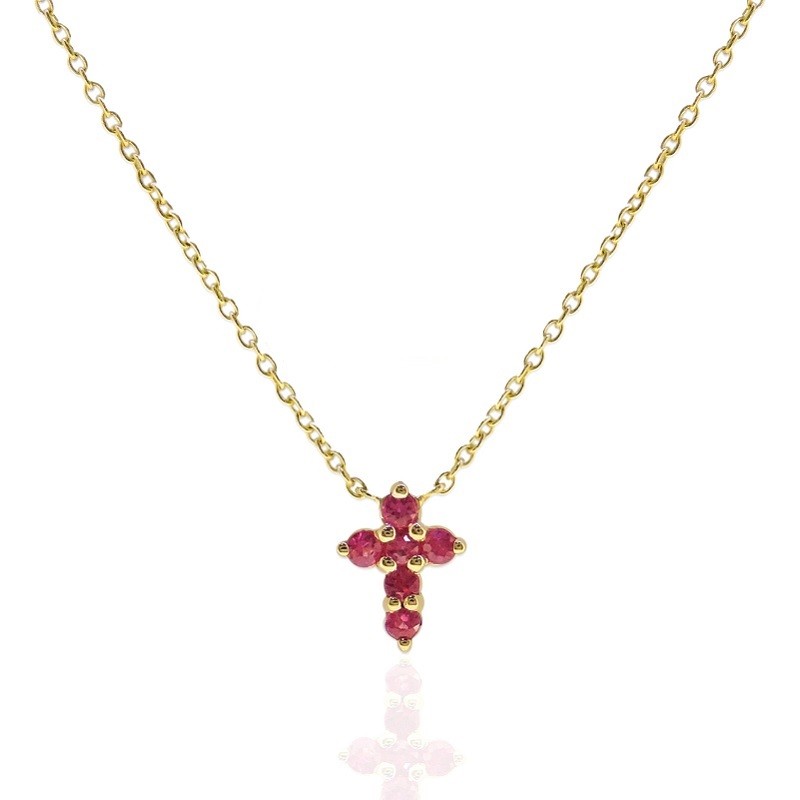 14Y Small Ruby Cross Necklace