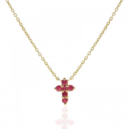 14Y Small Ruby Cross Necklace