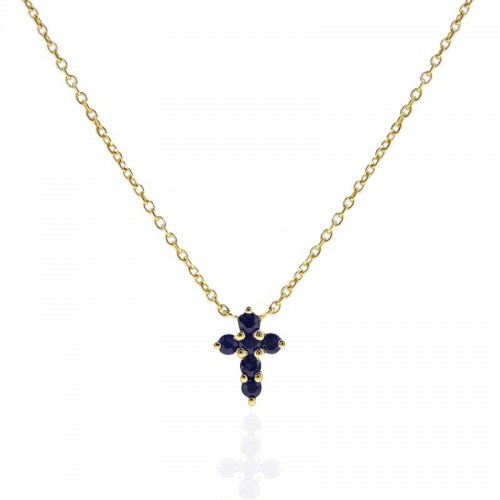 14Y Small Blue Sapphire Cross Necklace