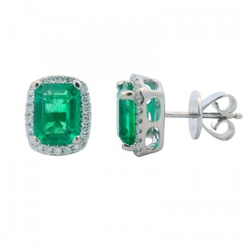 Emerald and Diamond Halo Studs in 18K White Gold