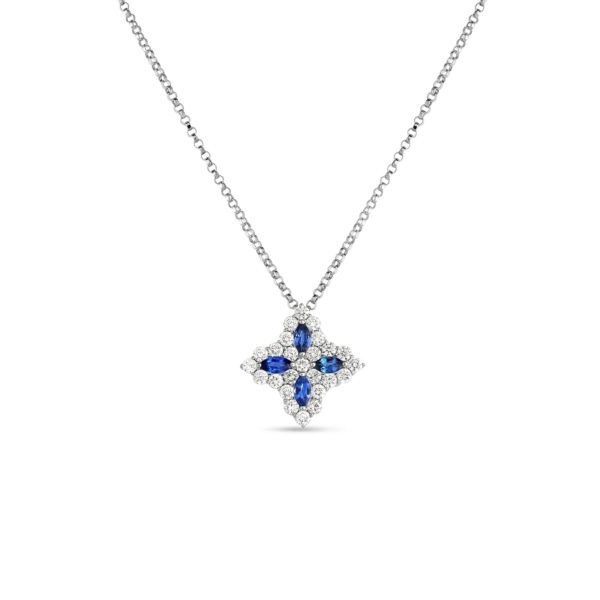 Roberto Coin 18K White Gold Venetian Princess Diamond and Blue Sapphire Medium Flower Necklace
