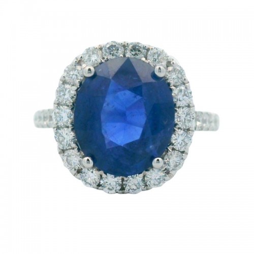 Oval Blue Sapphire Ring with Diamonds in 18K White Gold