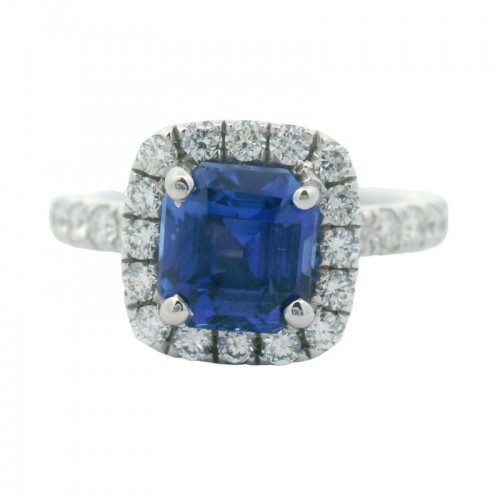 Blue Sapphire and Diamond Halo Ring in 18K White Gold