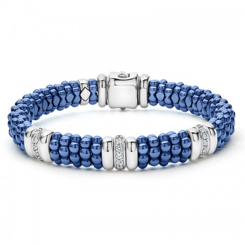 Lagos 9mm Blue Caviar Three Station Ceramic Diamond Bracelet