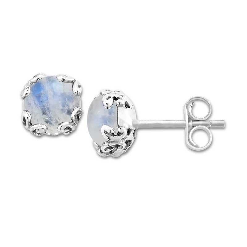 Sterling Silver Round Rainbow Moonstone Studs