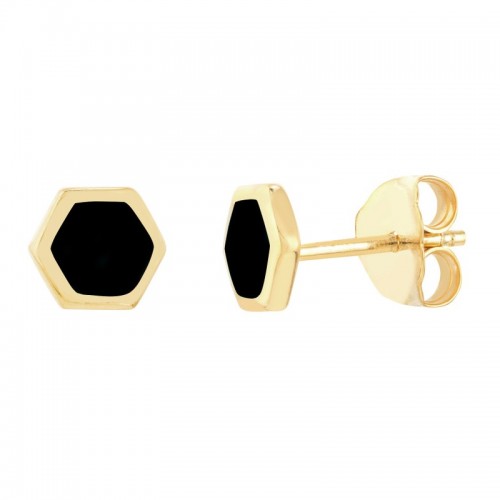 Black Enamel Hexagon Studs 14KY
