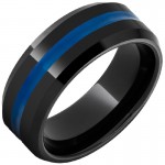 BLACK CERAMIC BEVELED EDGE BAND WITH THIN BLUE LINE INLAY