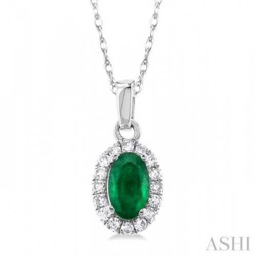 Ashi Oval Emerald and Diamond Halo Pendant
