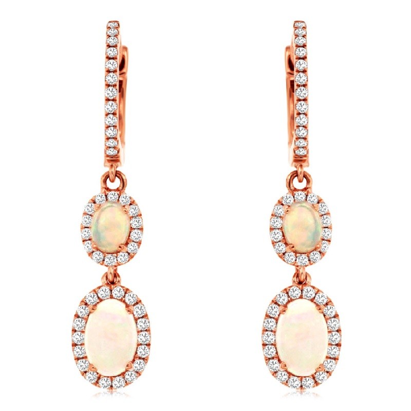 Double Opal Drop Earrings with Diamonds in 14K Rose Gold