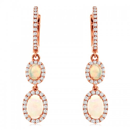 Double Opal Drop Earrings with Diamonds in 14K Rose Gold