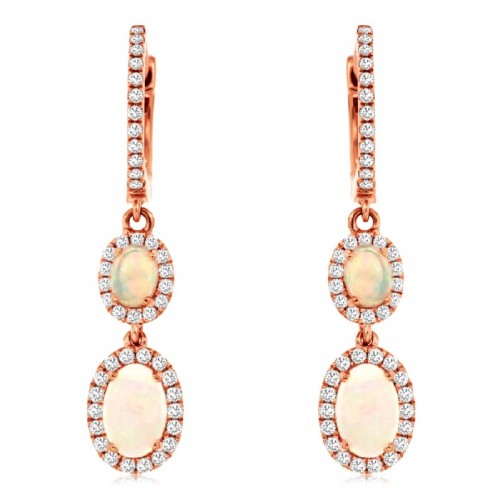 Double Opal Drop Earrings with Diamonds in 14K Rose Gold