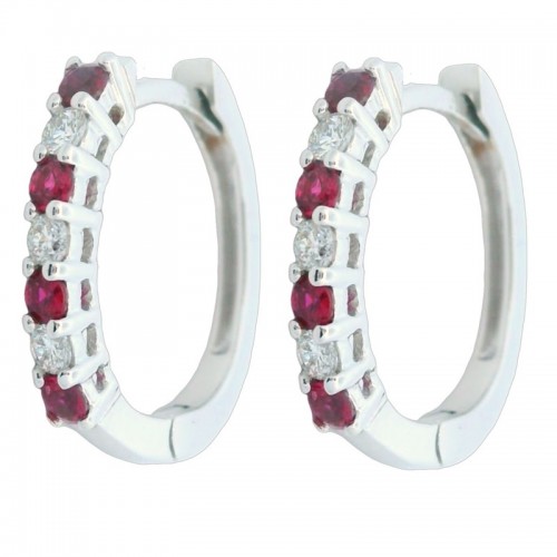 Ruby and Diamond Huggies in 18K White Gold