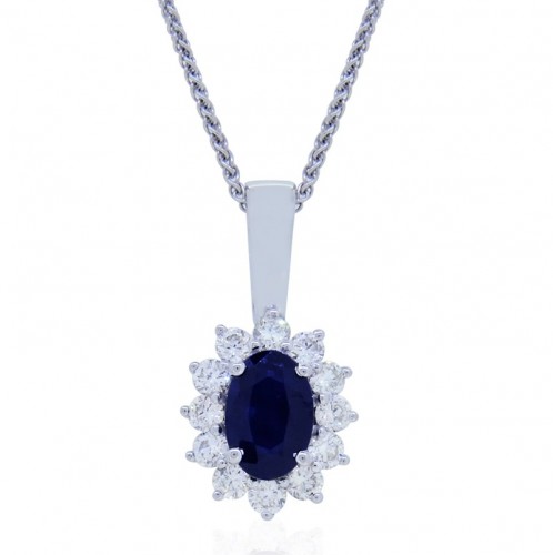 Oval Blue Sapphire Pendant with Diamond Halo