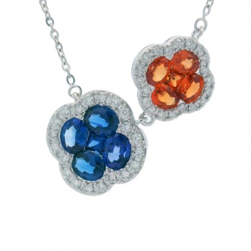 Orange and Blue Sapphire Clover Necklace with Diamonds