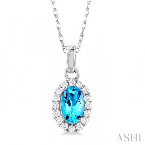 Ashi Oval Blue Topaz and Diamond Halo Pendant