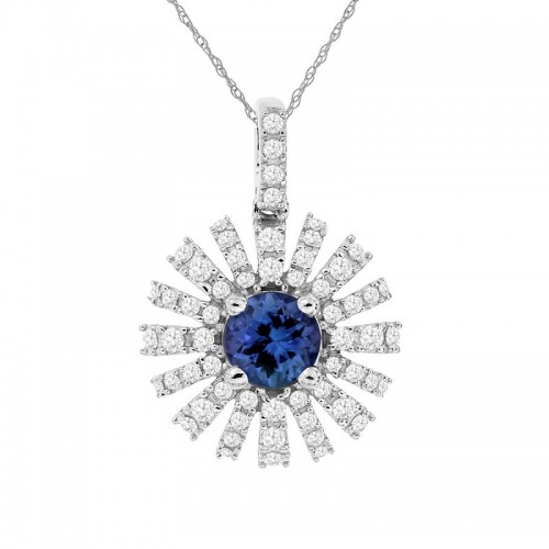 Tanzanite and Diamond Sunburst Pendant in 14K White Gold