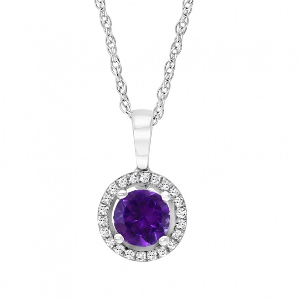 14W Round Amethyst Pendant with Halo