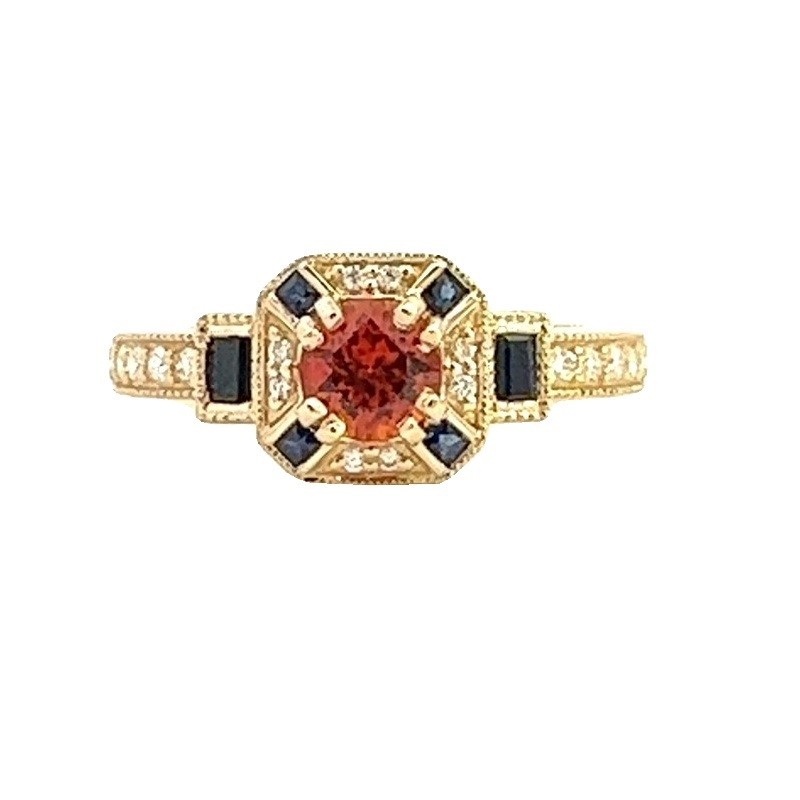 Small Garnet and Sapphire Ring in 14K Yellow Gold