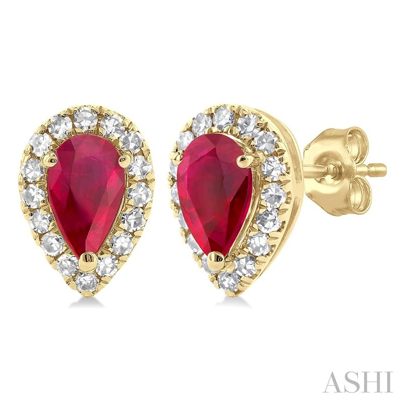Ashi Pear Shape Ruby and Diamond Halo Earrings