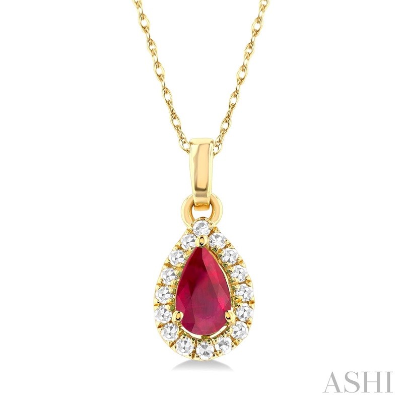 Ashi Pear Shape Ruby and Diamond Halo Pendant
