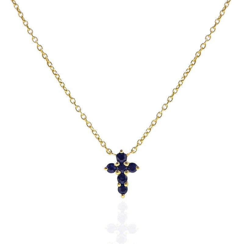 14Y Small Blue Sapphire Cross Necklace