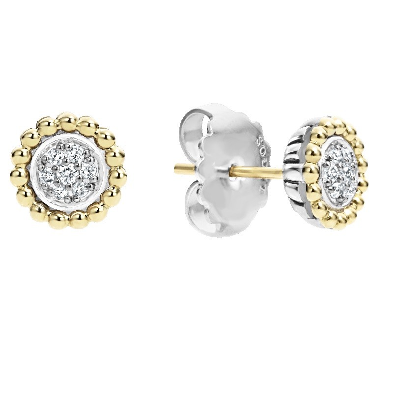 Lagos 9mm Two Tone Caviar Diamond Stud Earrings