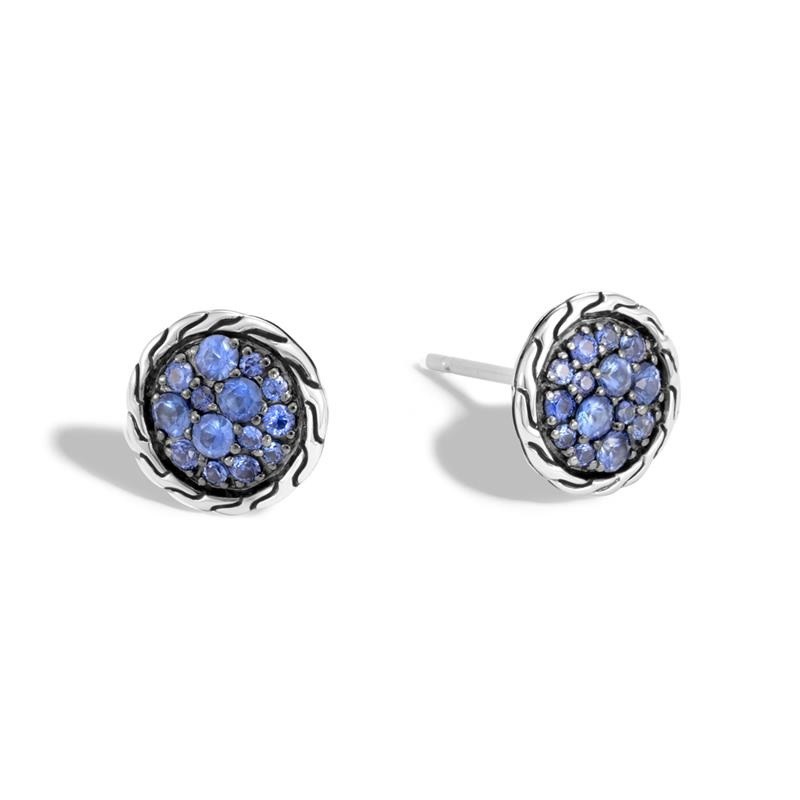 John Hardy Carved Chain Stud Earrings with Blue Sapphire