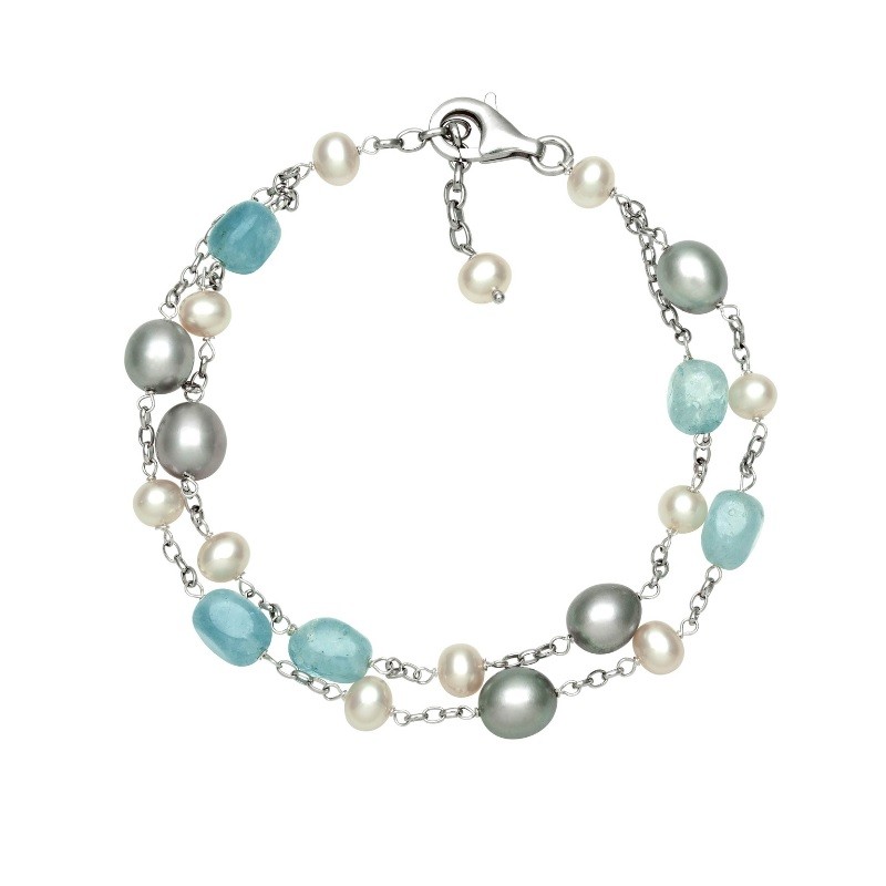 Pearl and Aquamarine Bracelet in Sterling Silver