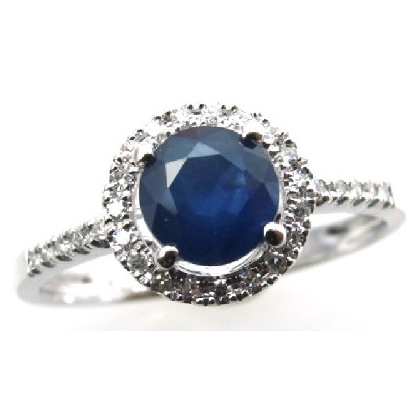 14K White Gold Round Sapphire Ring with Halo