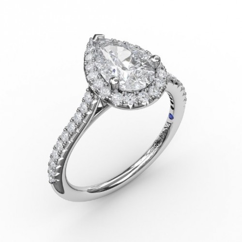 Fana Delicate Pear Shaped Halo and Pavé Band Engagement Ring